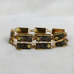 Vintage Damascene Double Bar Link Bracelet